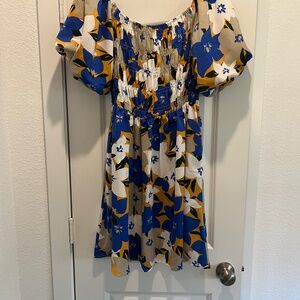 Davi & Dani Floral Mini Dress Smocked Puff Sleeve Blue Yellow Size Medium